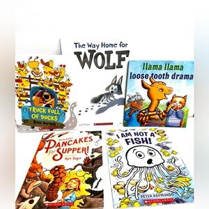 5 Scholastic Paperback Children’s Books Llama Ducks Pancakes Fish Wolf Stories
